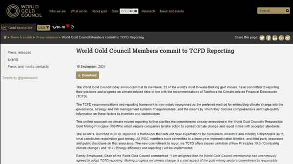 紫金矿业等世界黄金协会成员承诺按照TCFD建议披露气候报告