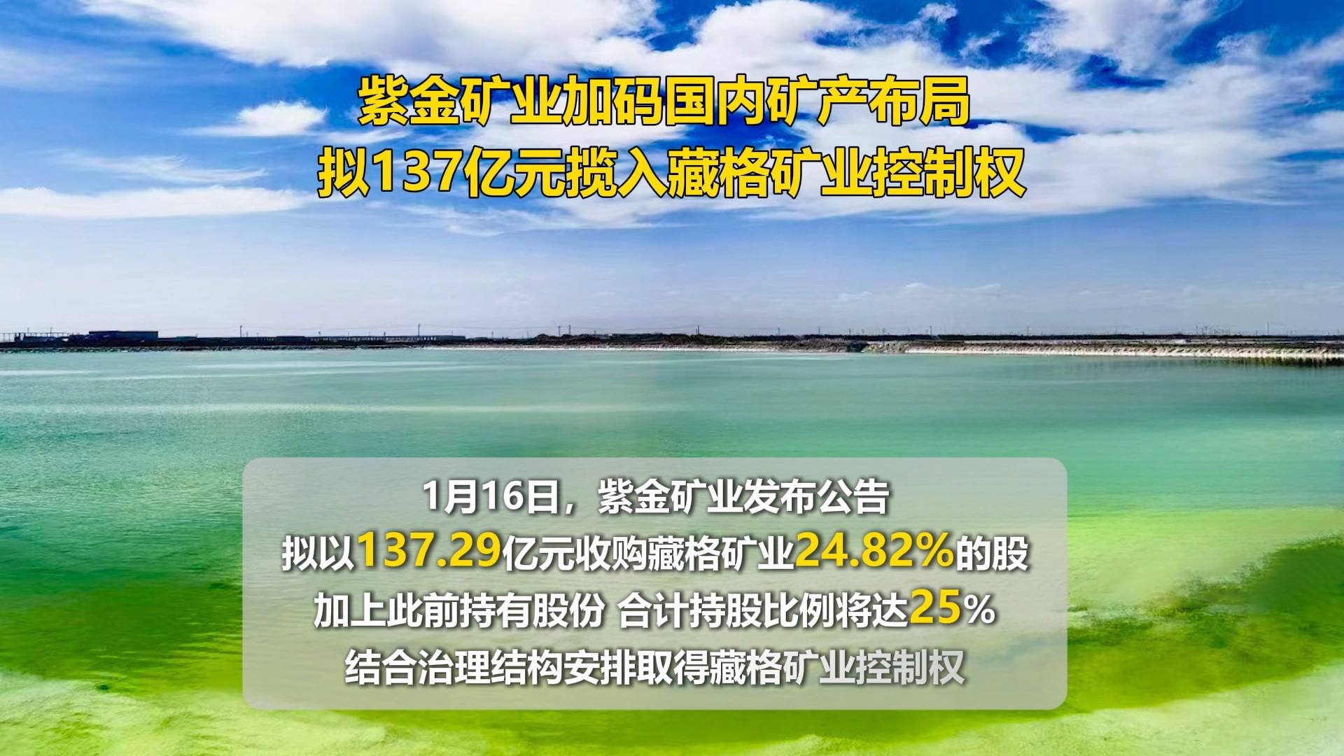 紫金矿业加码国内矿产布局 拟137亿元揽入藏格矿业控制权